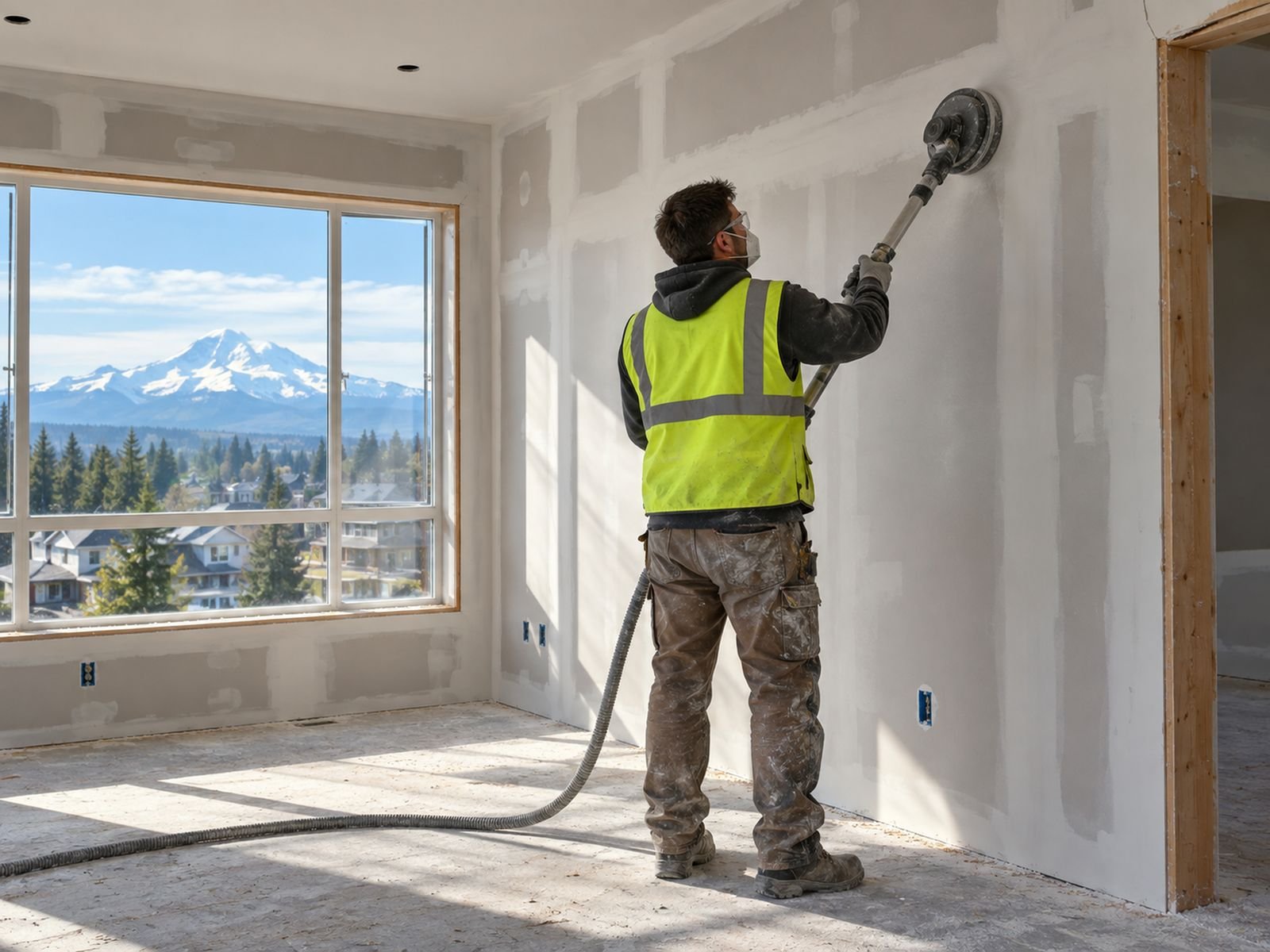 Drywall finisher sanding joints in a new Abbotsford home, with Mount Baker through the window