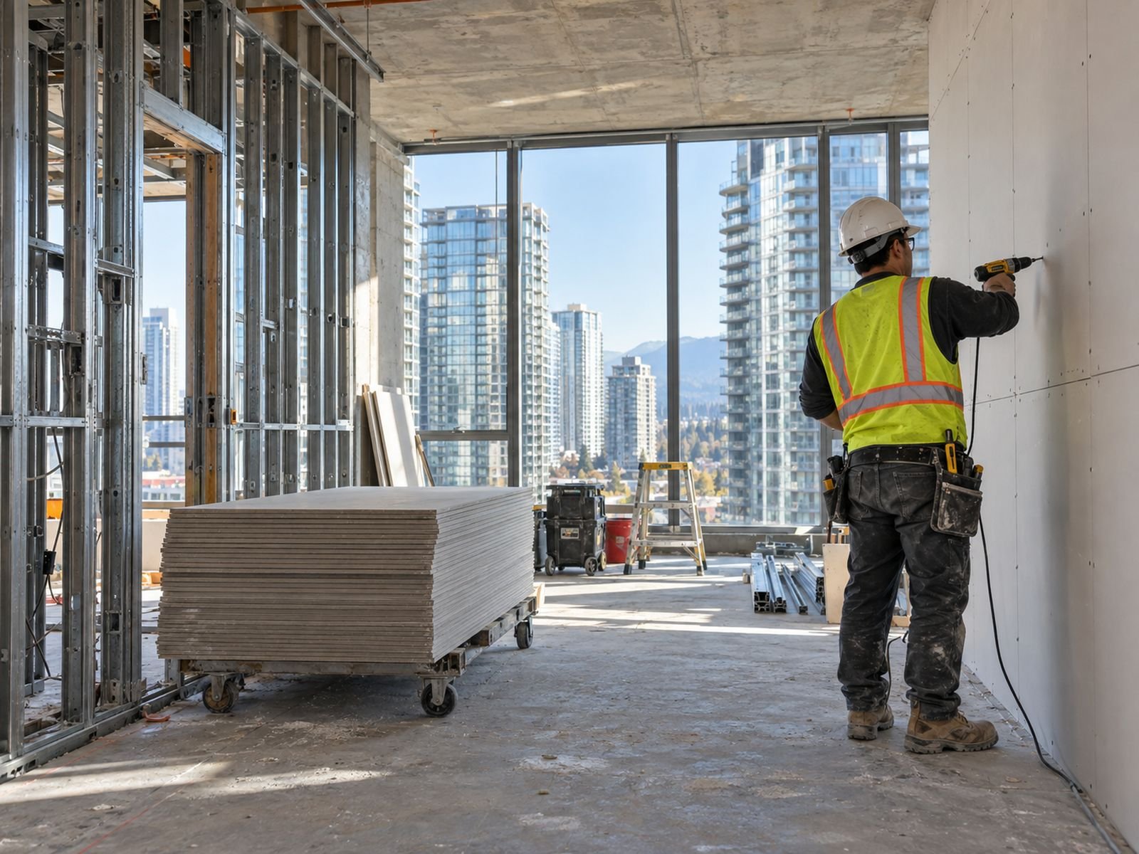 Installer fastening drywall beside steel stud framing in a high-rise condo, Burnaby towers outside