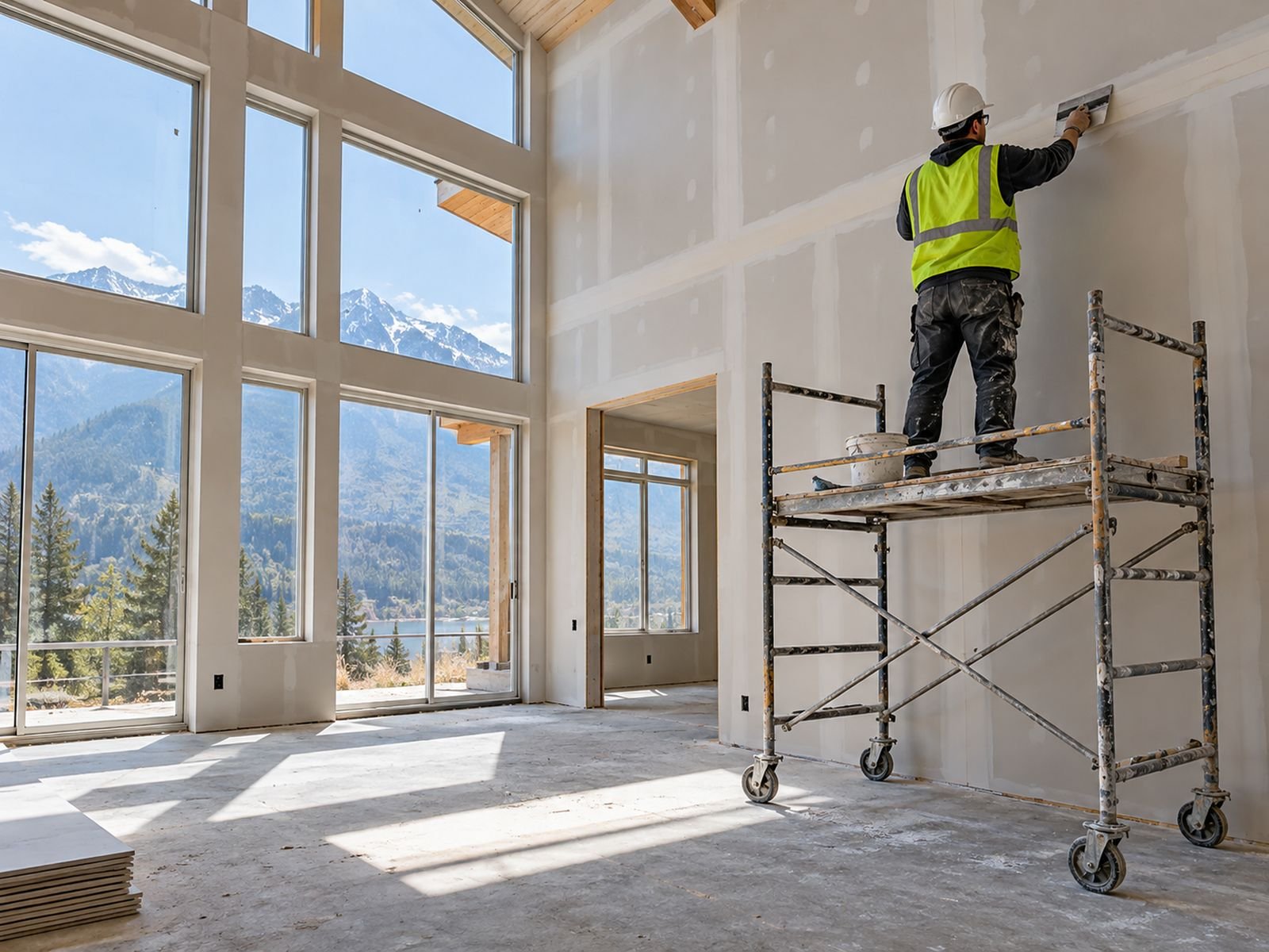 Drywall finisher on a rolling scaffold in a tall great room, mountains outside
