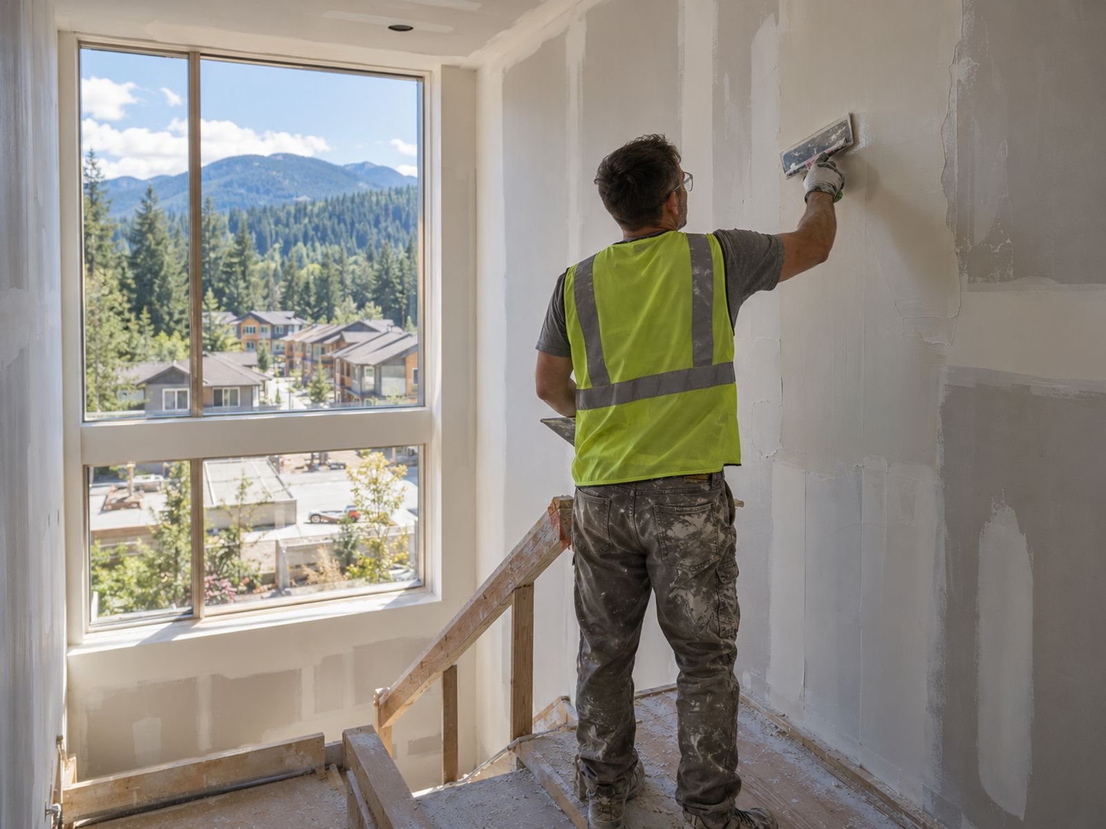 Drywall finisher skim-coating a stairwell wall in a new Coquitlam townhome