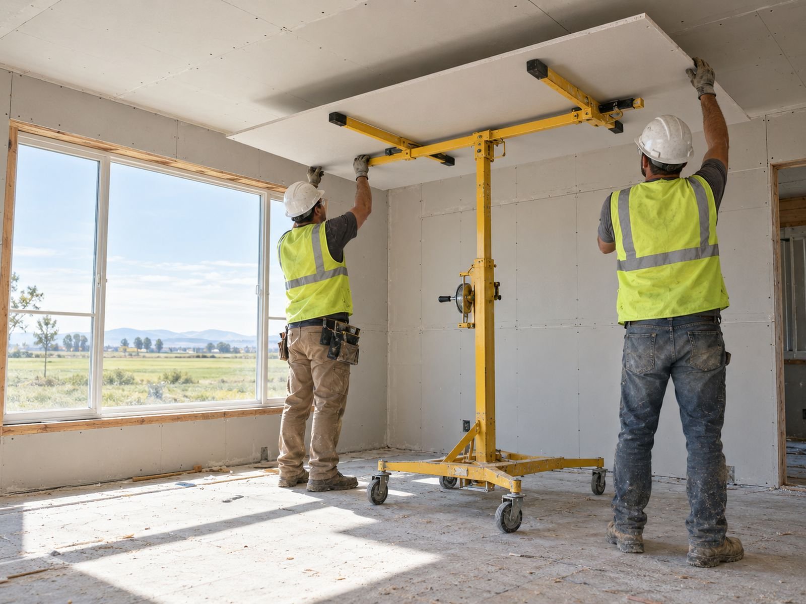 Two installers raising a ceiling drywall sheet with a panel lift in a new Delta home