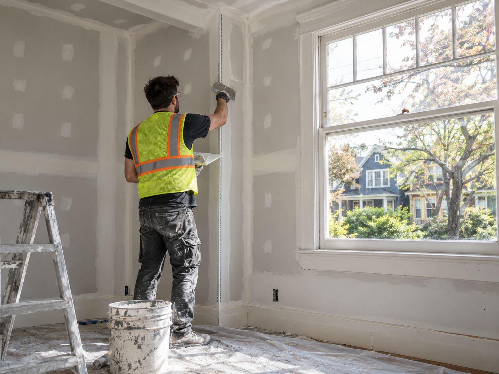 Drywall finisher mudding a corner bead in a renovated East Vancouver house
