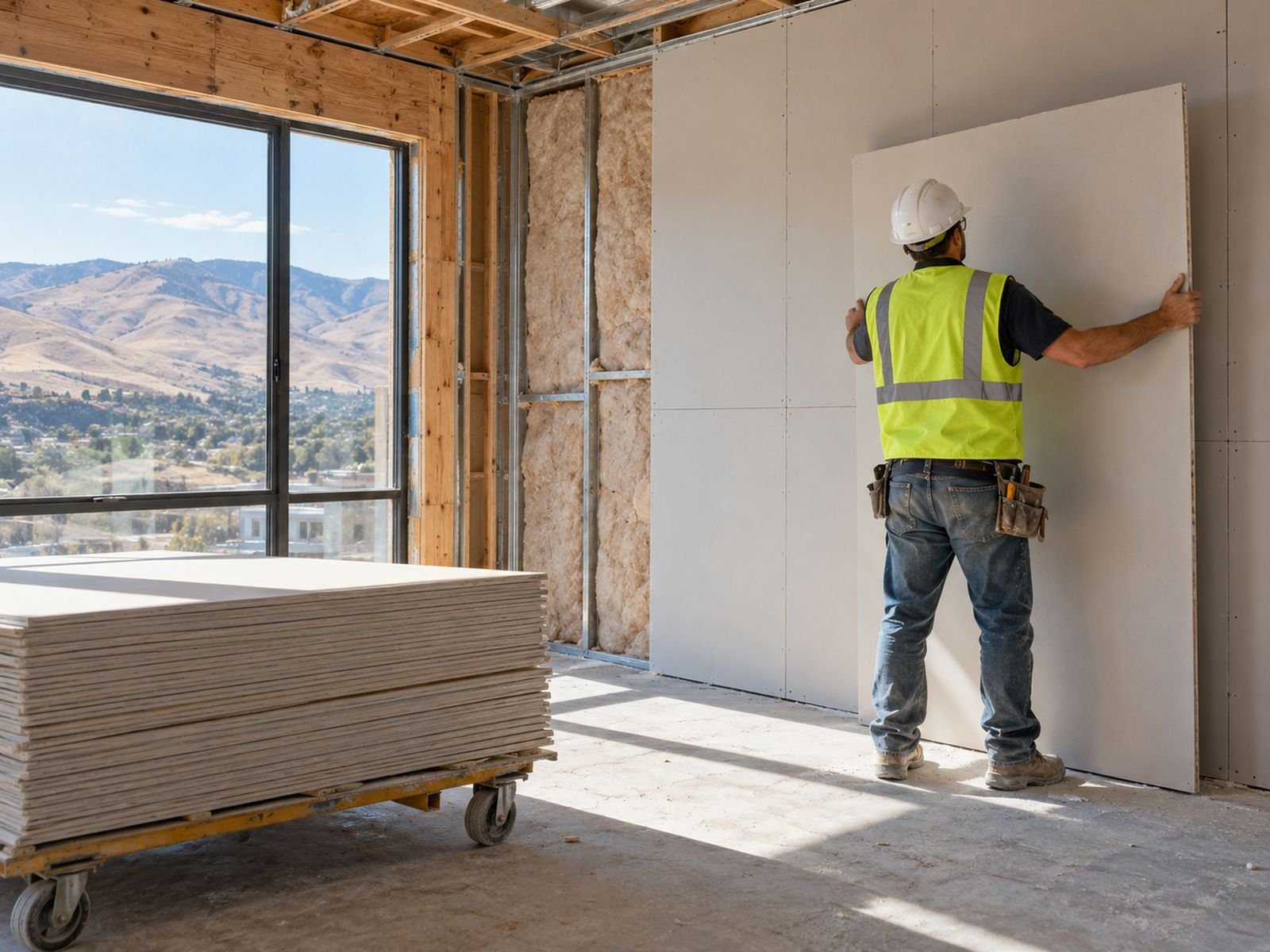 Installer hanging a drywall sheet in a new Kamloops building, dry hills outside