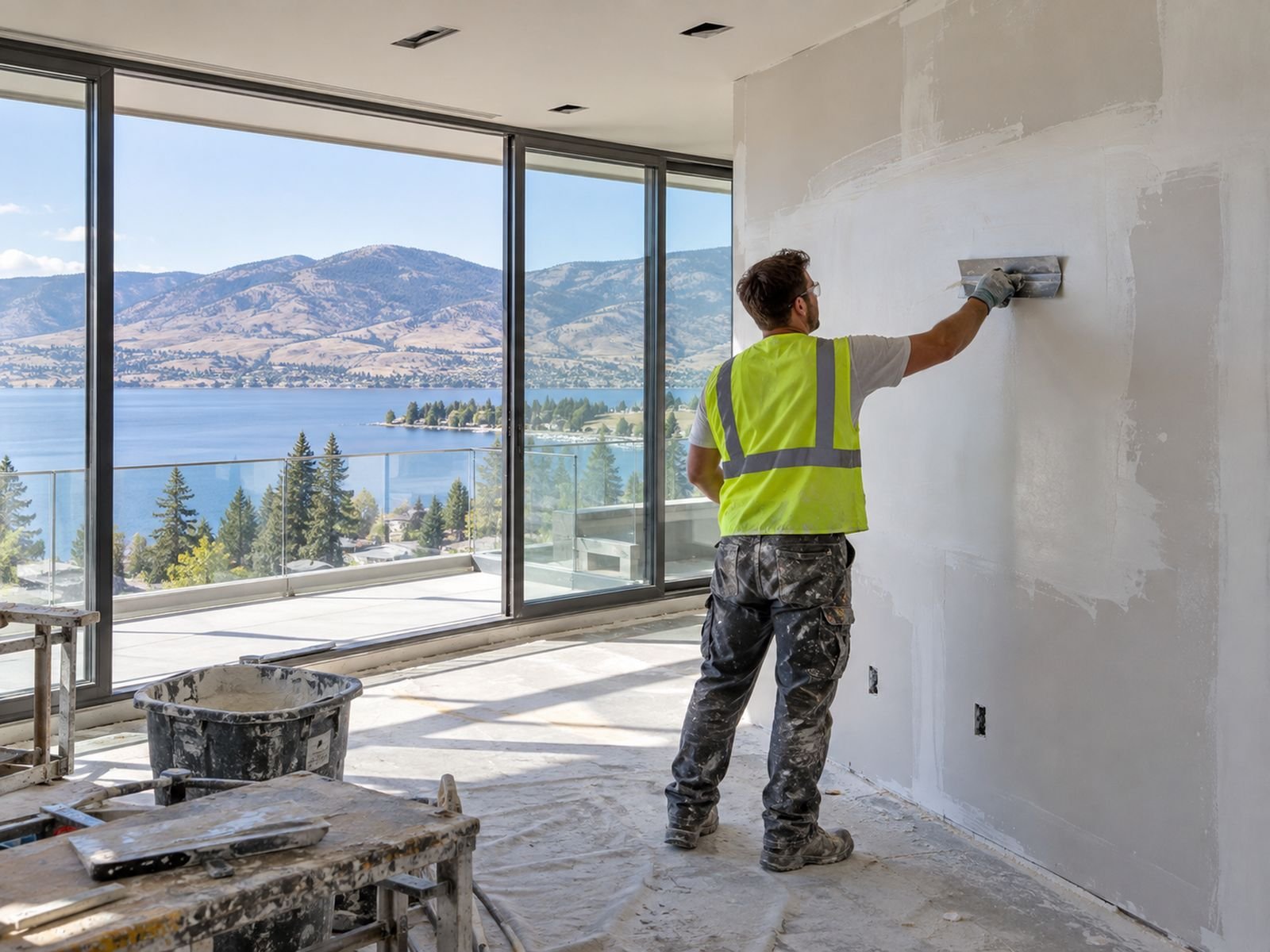 Drywall finisher skim-coating a feature wall, Okanagan Lake through the windows