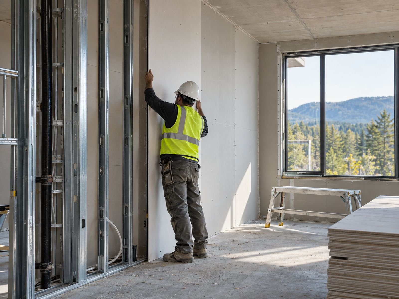 Installer fitting drywall next to steel stud framing in a new Langford apartment building