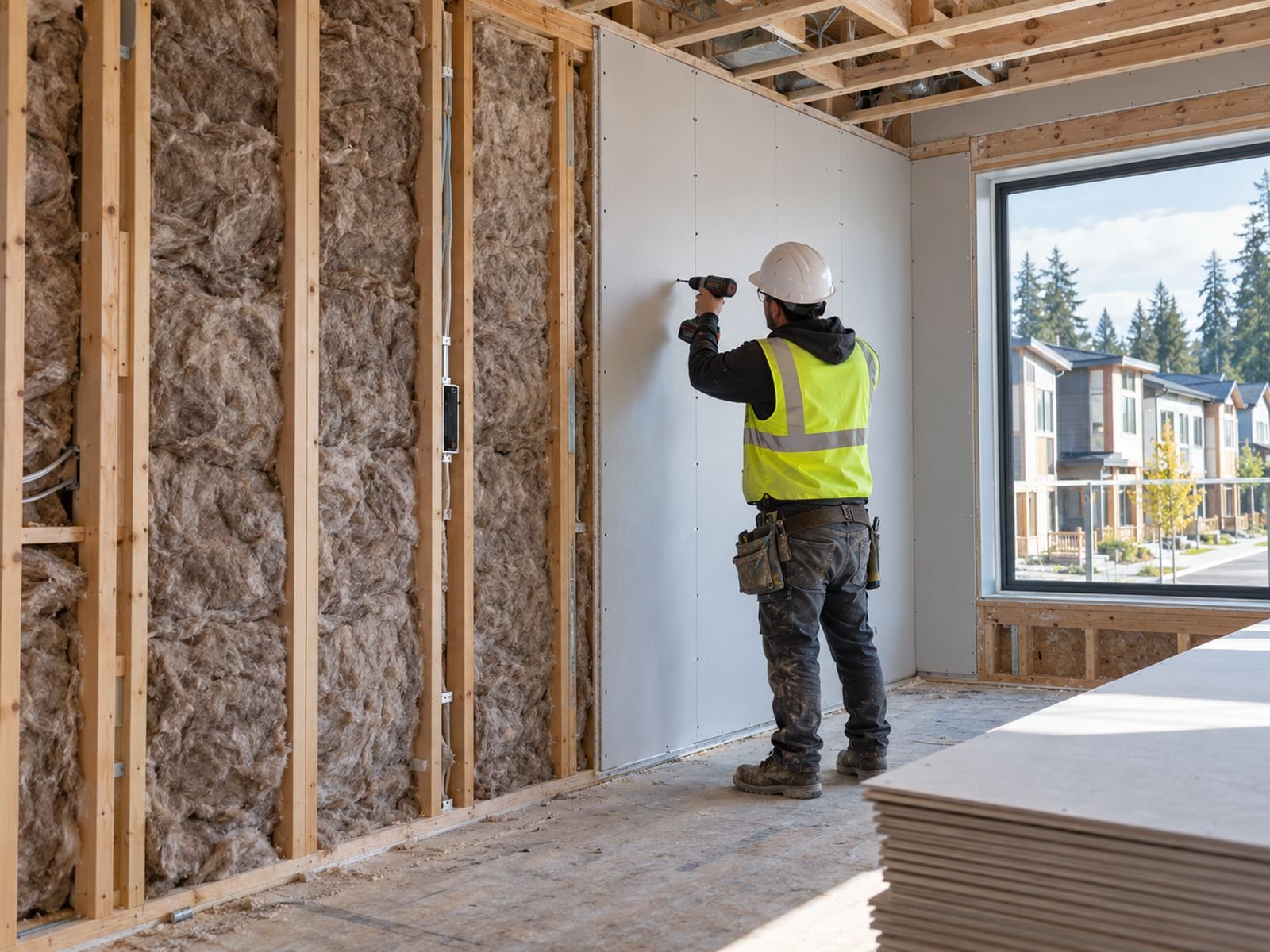 Installer screwing drywall over an insulated suite wall in a new Langley condo building
