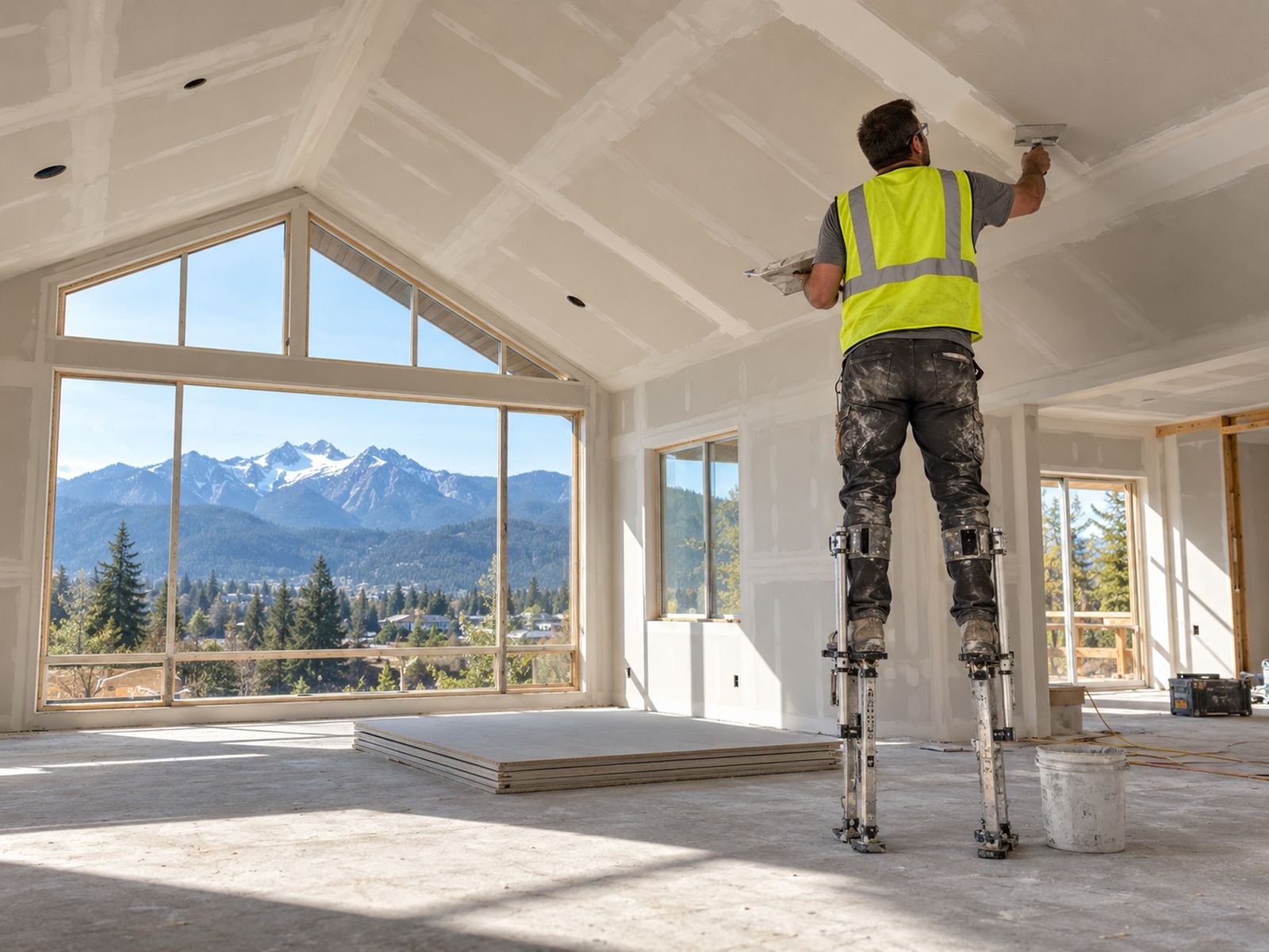 Drywall finisher on stilts taping a vaulted ceiling, Golden Ears mountains outside