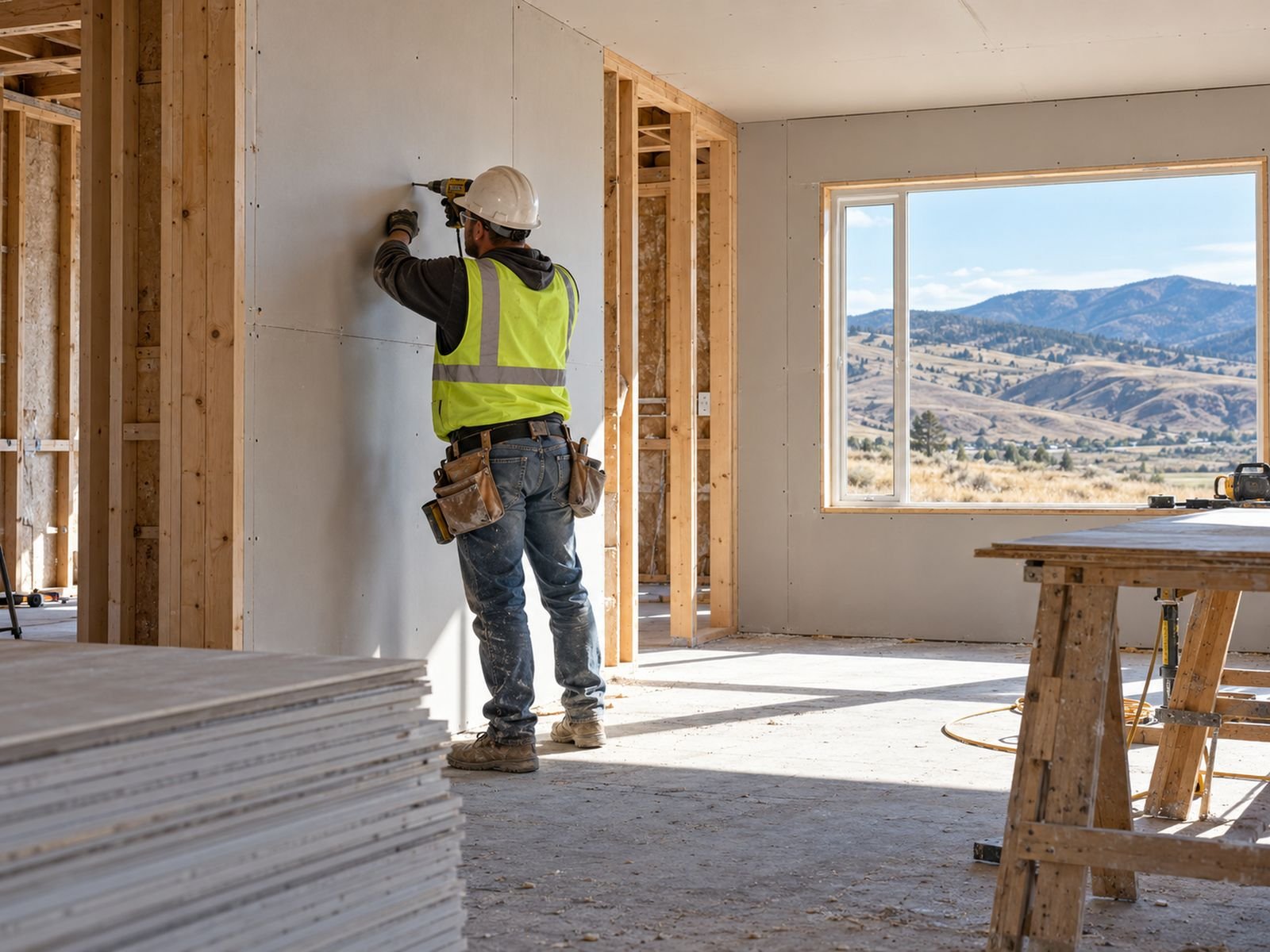 Installer fastening drywall to wood studs in a new Merritt home