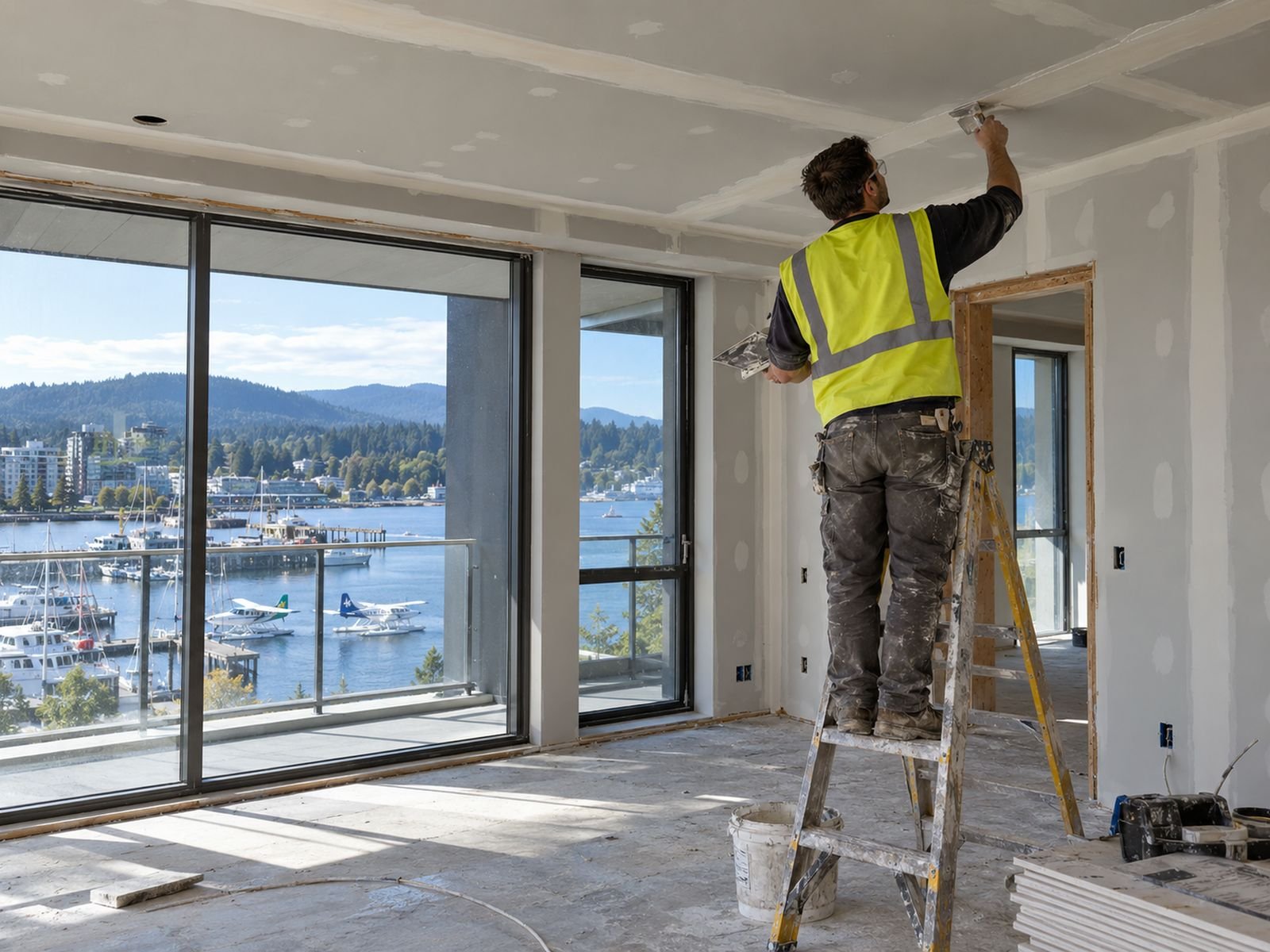 Drywall finisher taping ceiling joints from a ladder, Nanaimo harbour outside