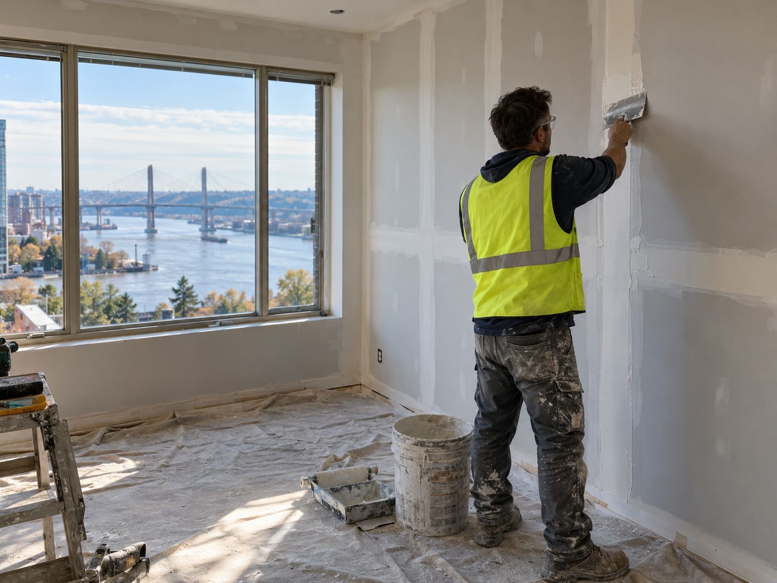 Drywall finisher smoothing joints in a suite overlooking the Fraser River