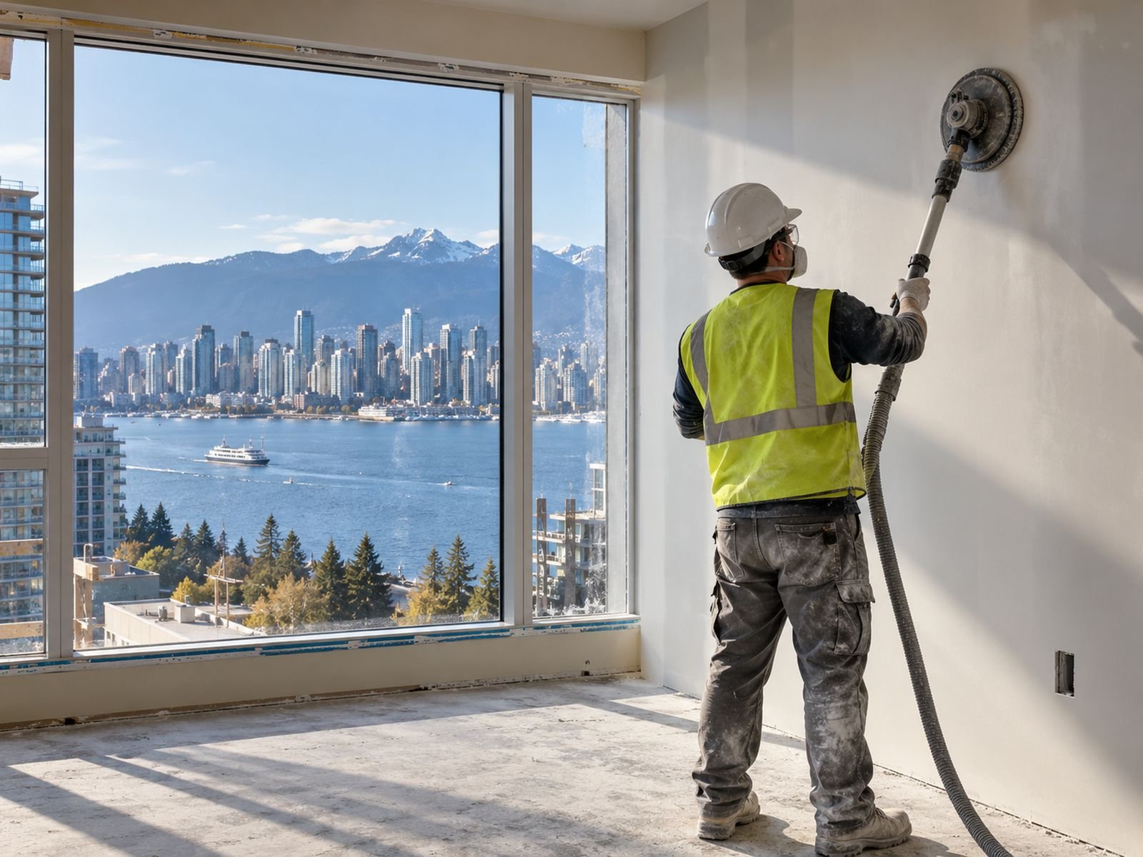 Drywall finisher sanding a smooth wall, downtown Vancouver across the water