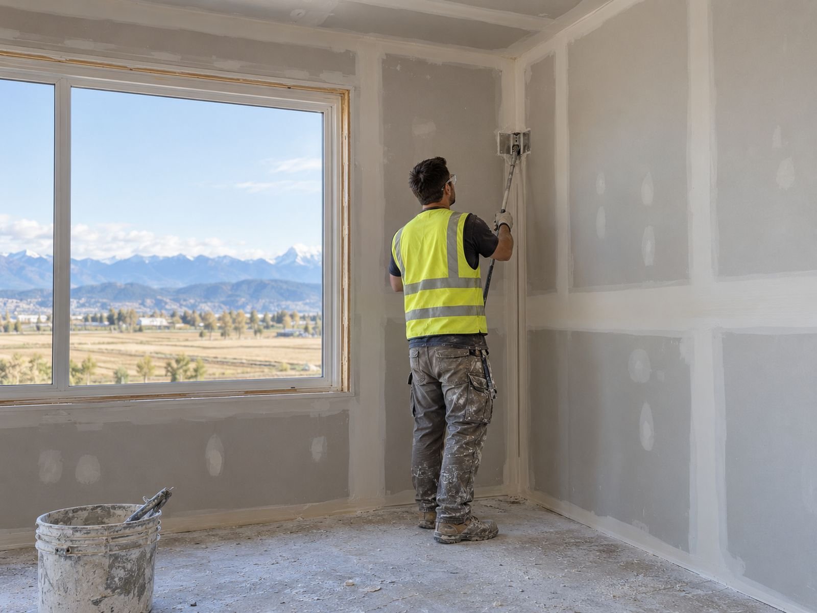 Drywall finisher taping an inside corner in a new Pitt Meadows townhome