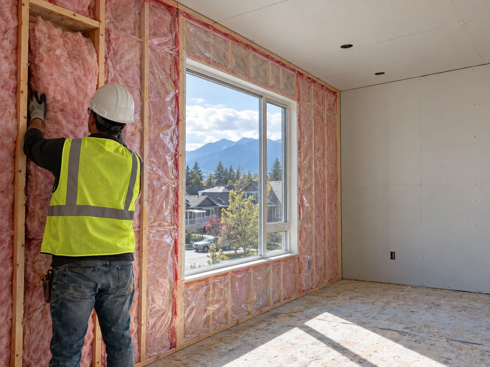 Worker fitting batt insulation between studs in a new Port Coquitlam townhome