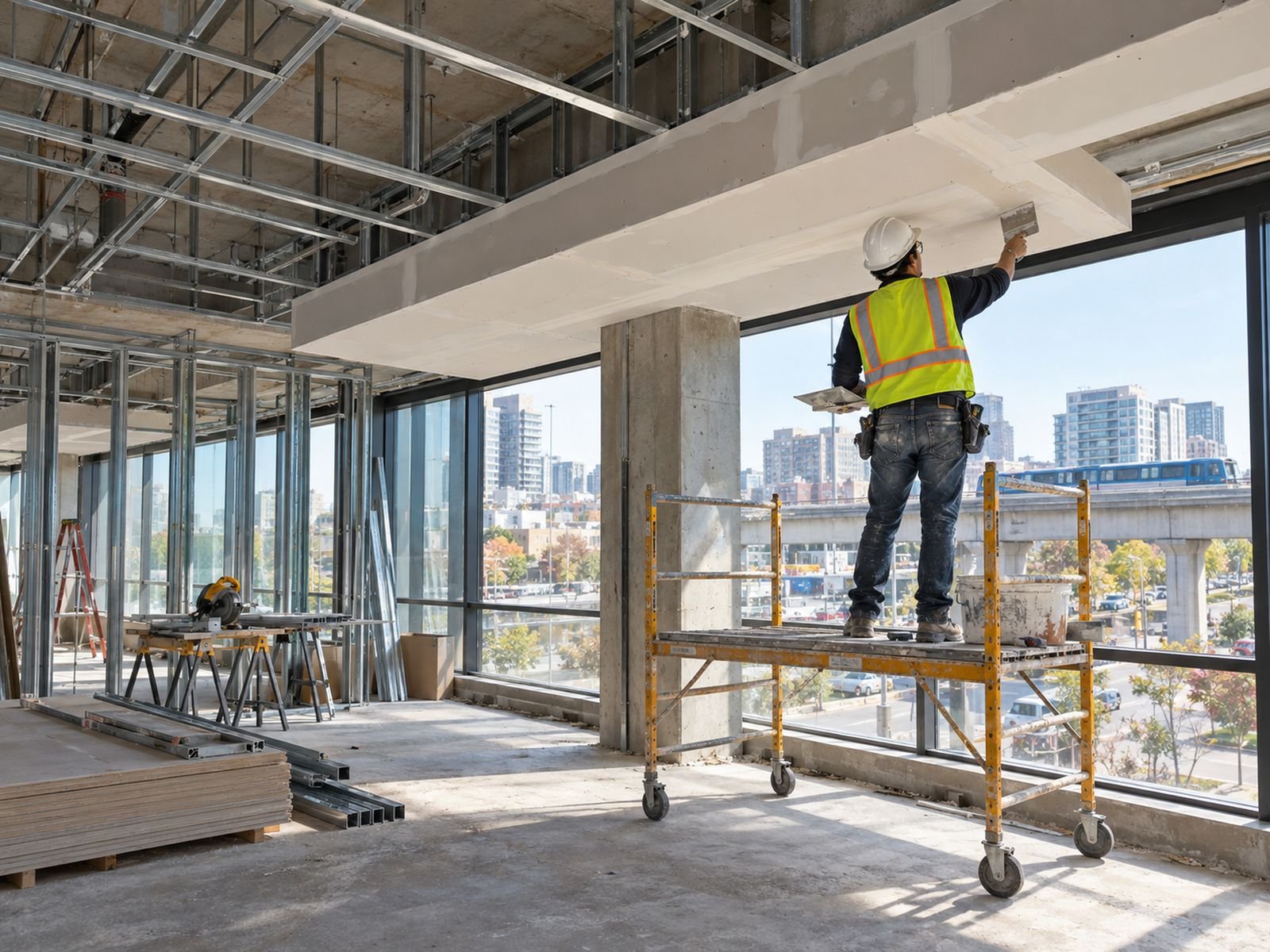 Worker on a rolling scaffold finishing a drywall bulkhead in a Richmond office fit-out
