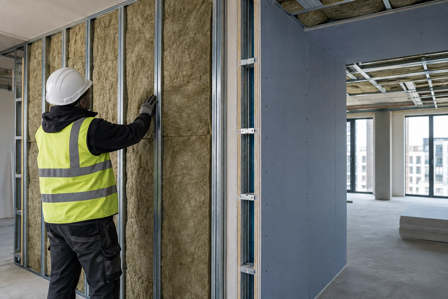 Soundproofing insulation fitted in an acoustic wall assembly