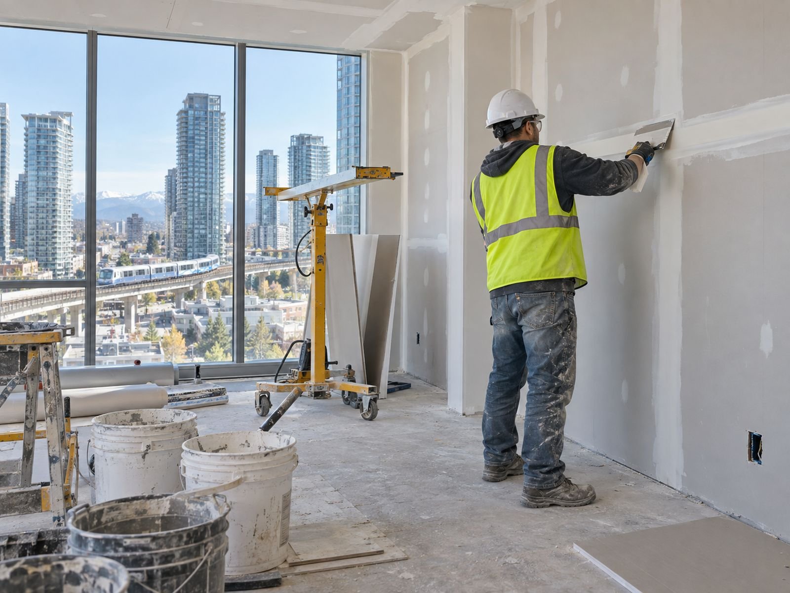Drywall finisher taping joints in a high-rise condo, Surrey City Centre towers outside