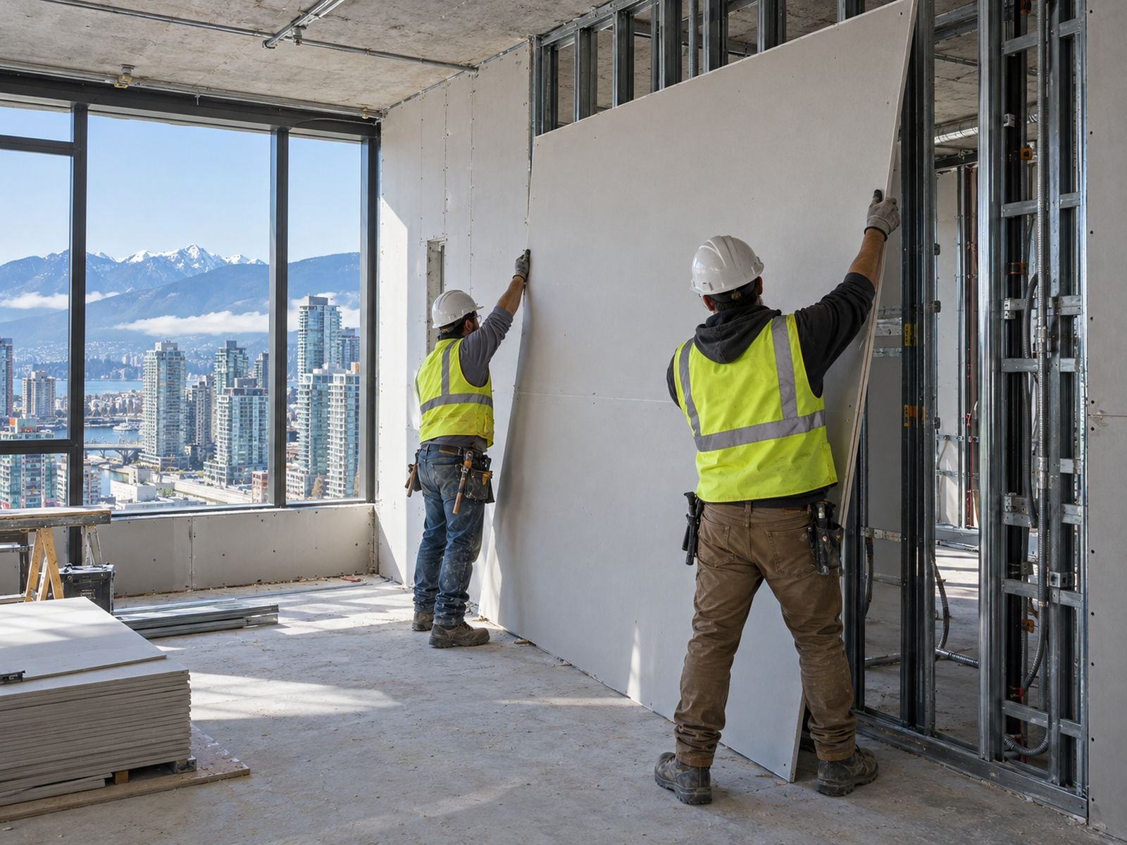 Two installers hanging drywall on steel studs in a downtown Vancouver condo