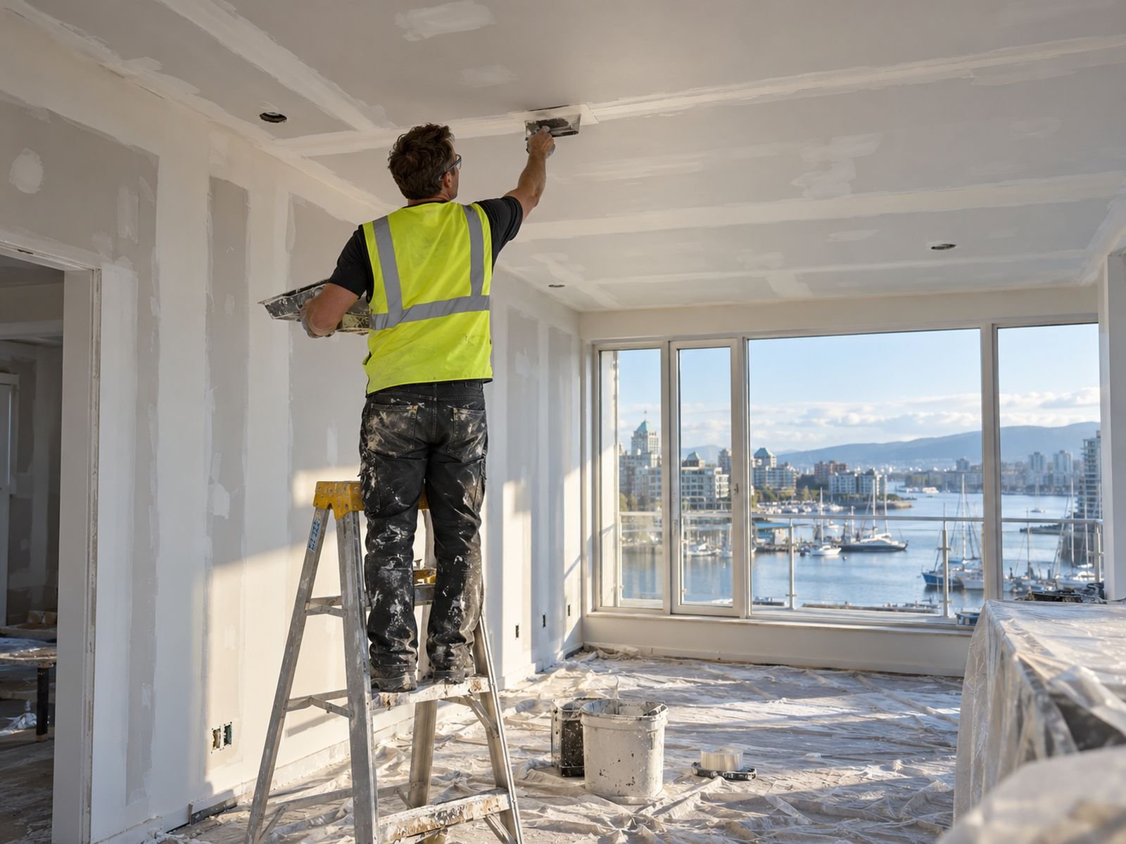 Drywall finisher taping a ceiling from a ladder, Victoria harbour outside